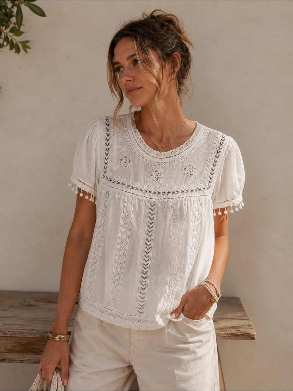 Anthropologie Cream Gauzy Lace Beaded Blouse Romantic Chic Boho Babydoll